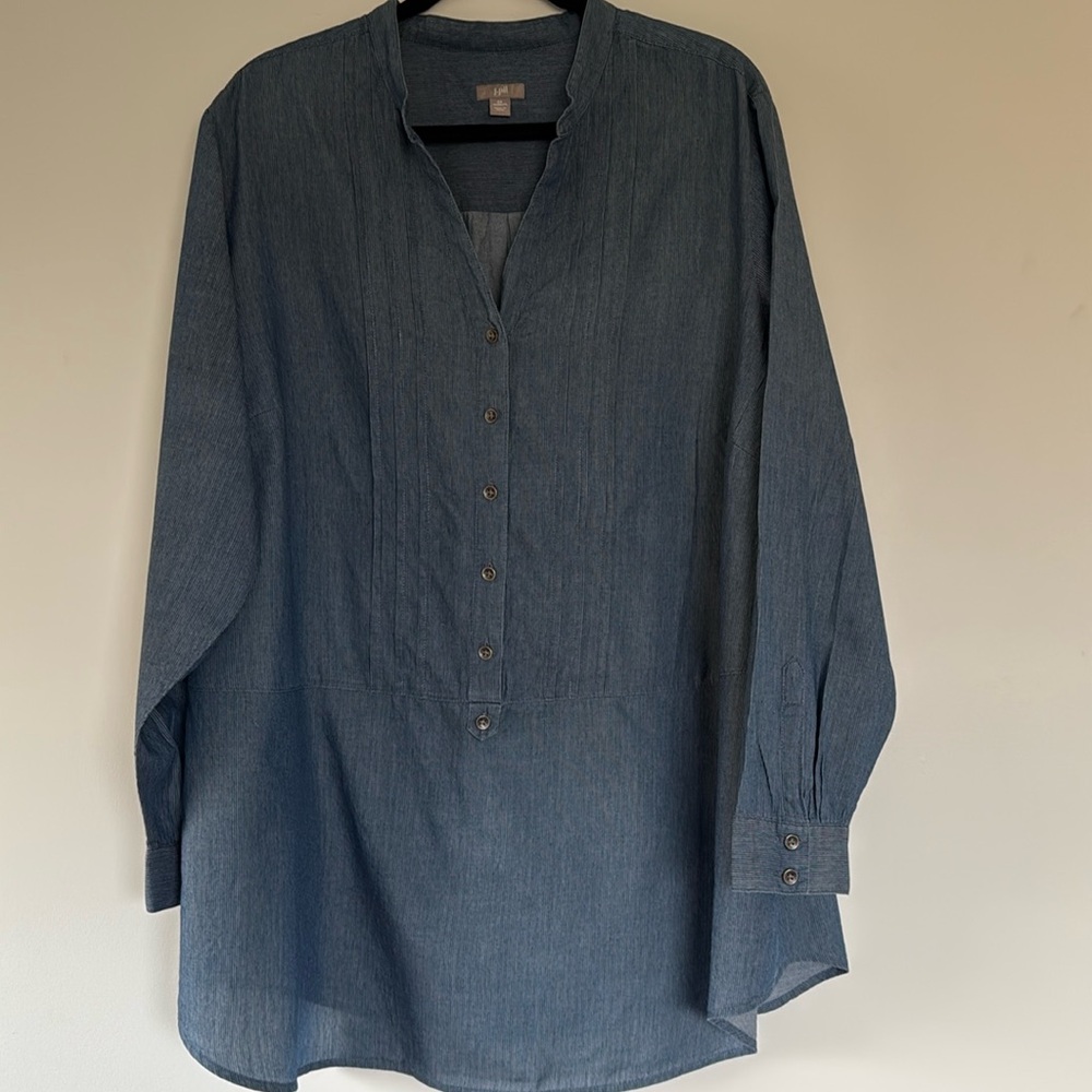 J Jill 2X Blue Stripes Women’s Cotton pleated detailed  Shirt Blouse